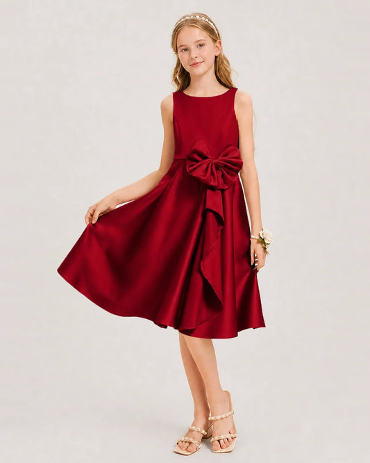 Burgundy Satin A-line Junior Bridesmaid Dress Front View