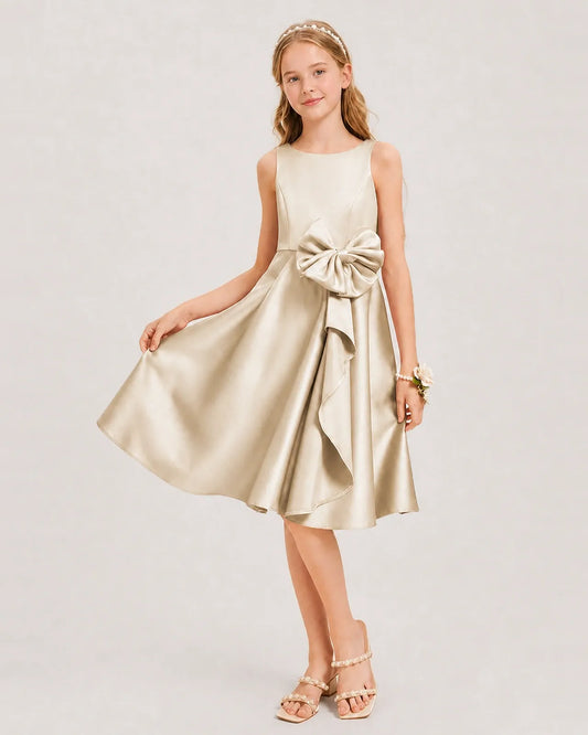 Champagne Satin A-line Junior Bridesmaid Dress Front View