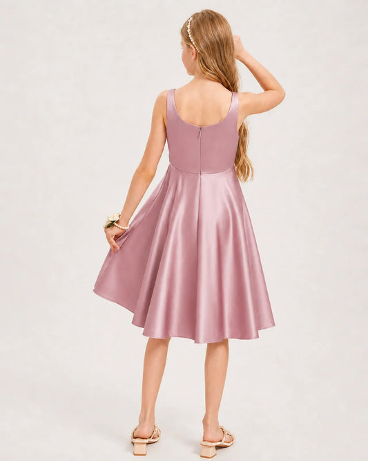 Dusty Rose Satin A-line Junior Bridesmaid Dress Back View