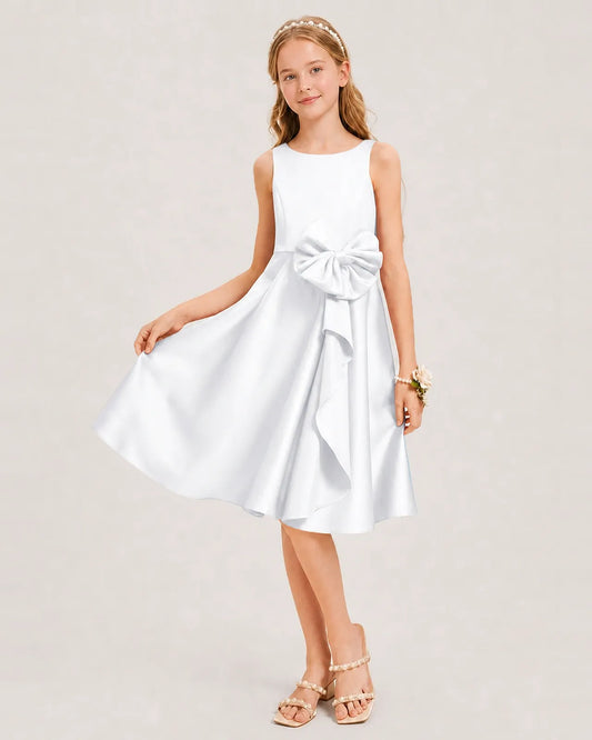 White Satin A-line Junior Bridesmaid Dress Front View