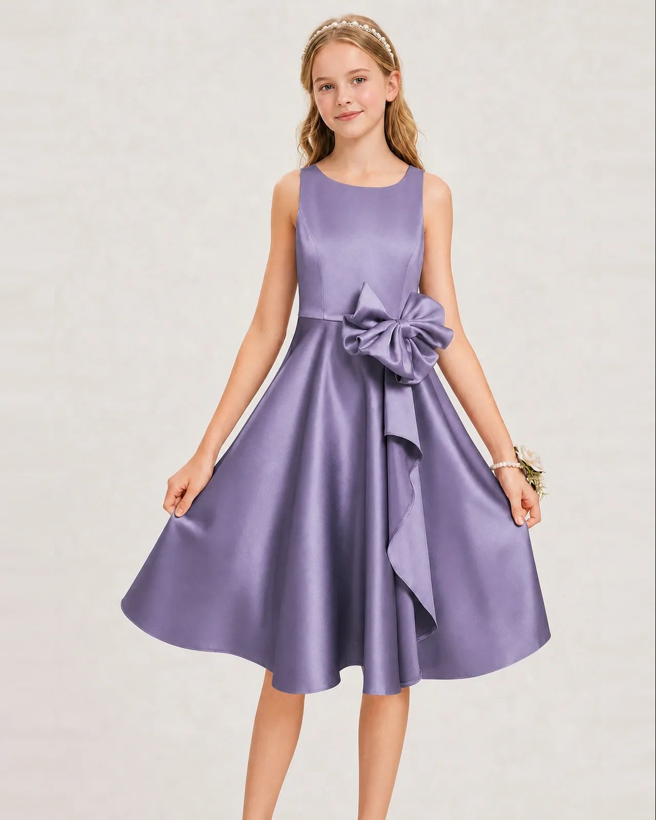 Wisteria Satin A-line Junior Bridesmaid Dress Front View