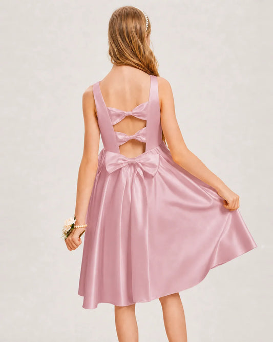 Dusty Rose Satin A-line Junior Bridesmaid Dress Back View