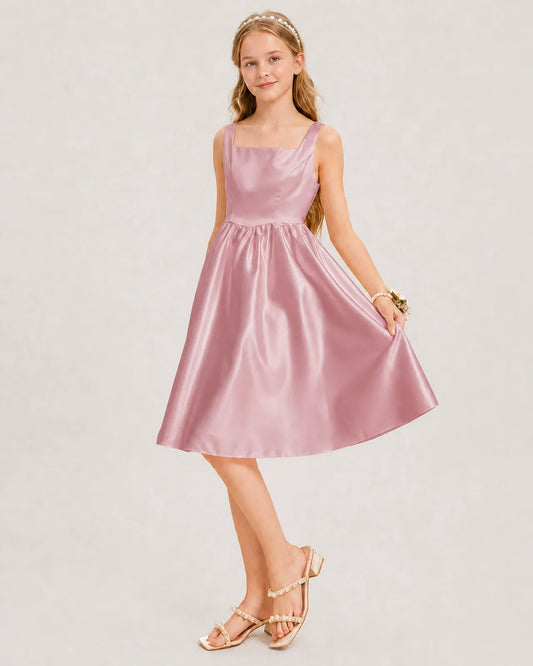 Dusty Rose Satin A-line Junior Bridesmaid Dress Front View