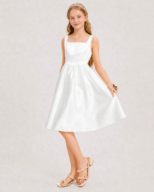 Ivory Satin A-line Junior Bridesmaid Dress Front View