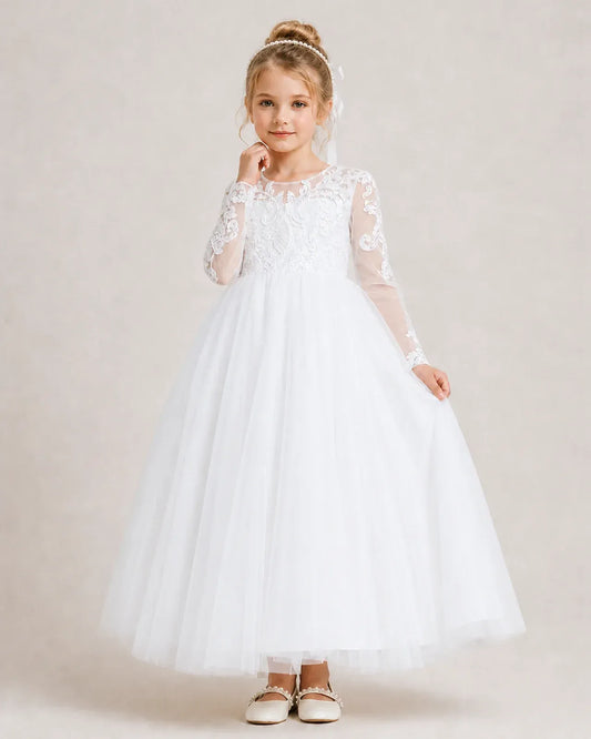 White Lace A-line First Communion Dress Front View
