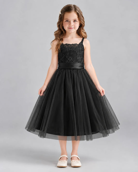 Black A-line Flower Girl Dresses Front