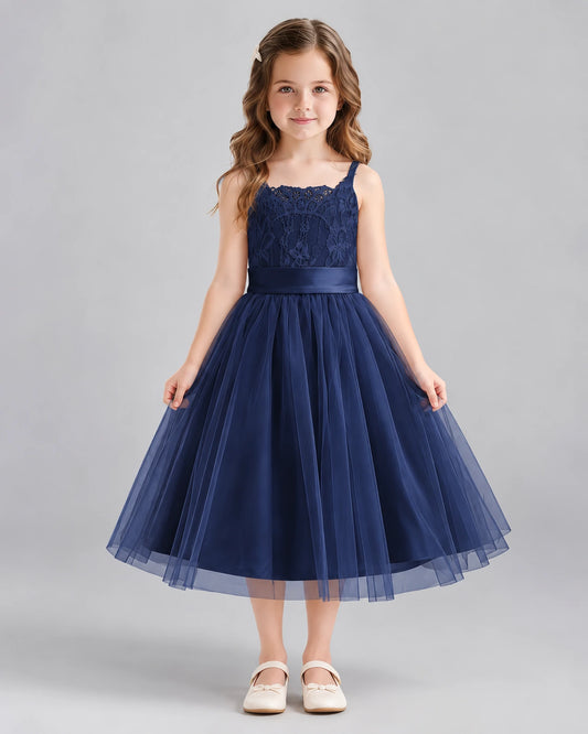 Navy Blue A-line Flower Girl Dresses Front