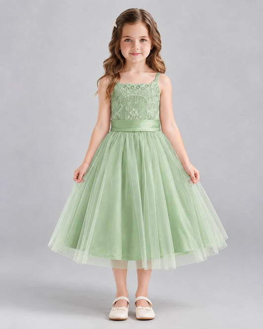 Sage Green A-line Flower Girl Dresses Front