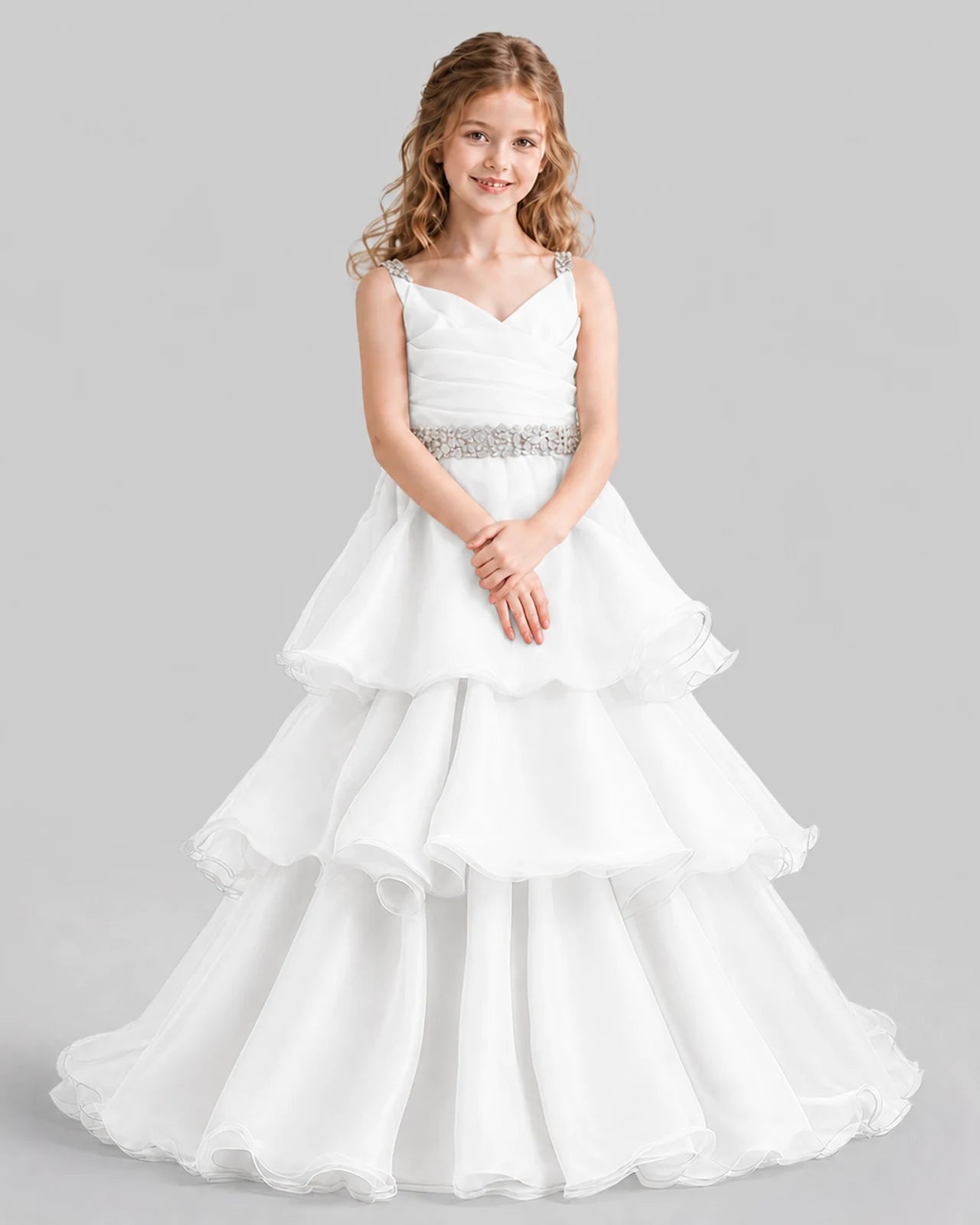 White Ball Gown Girls Pageant Dresses Pose