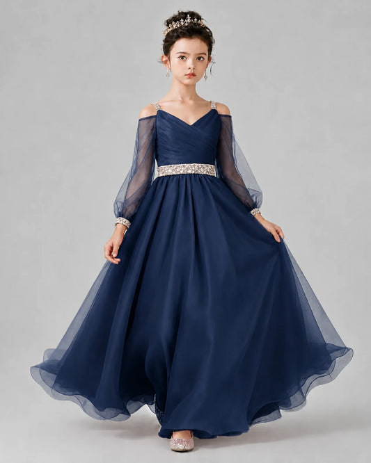 Navy Blue A-line Girls Pageant Dresses Front