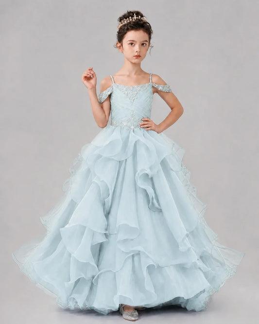 Baby Blue Ball Gown Girls Pageant Dresses Pose