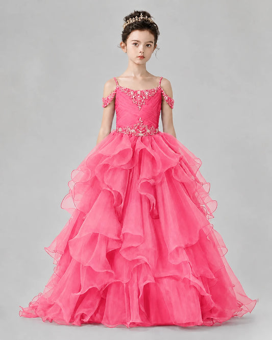 Hot Pink Ball Gown Girls Pageant Dresses Front