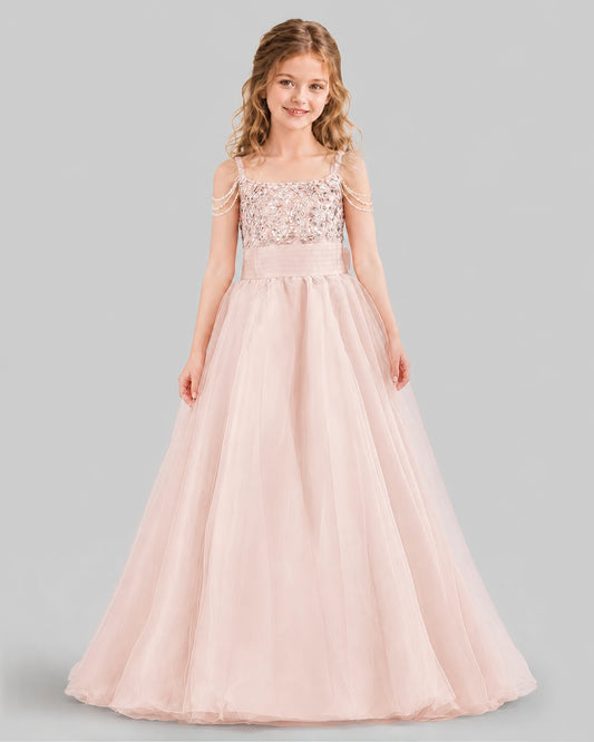 Blush Pink Ball Gown Girls Pageant Dresses Front