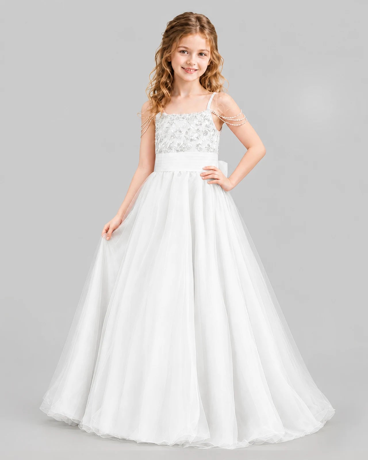 White Ball Gown Girls Pageant Dresses Pose
