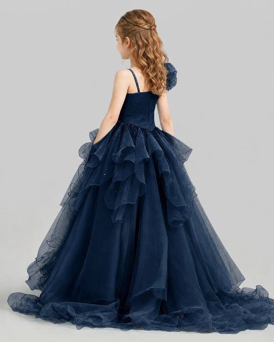 Navy Blue Ball Gown Girls Pageant Dresses Back