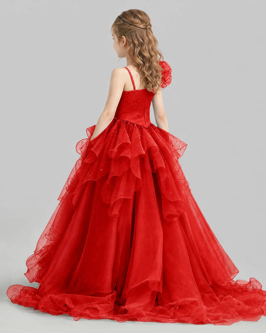 Red Ball Gown Girls Pageant Dresses Back