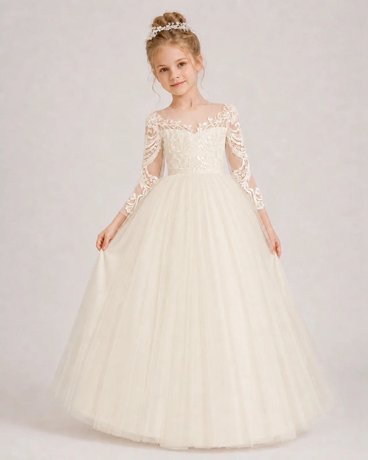 Champagne Flower Girl Dress 3/4 Sleeve Lace Tulle Ball Gown Front View