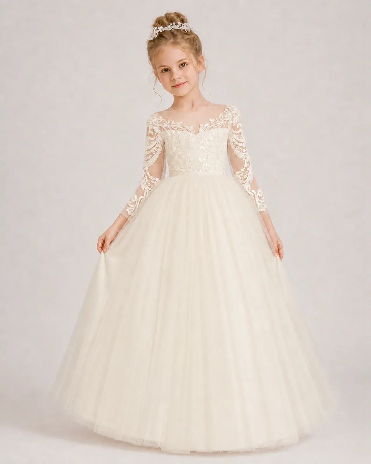 Champagne Tulle Ball Gown Flower Girl Dress Front View