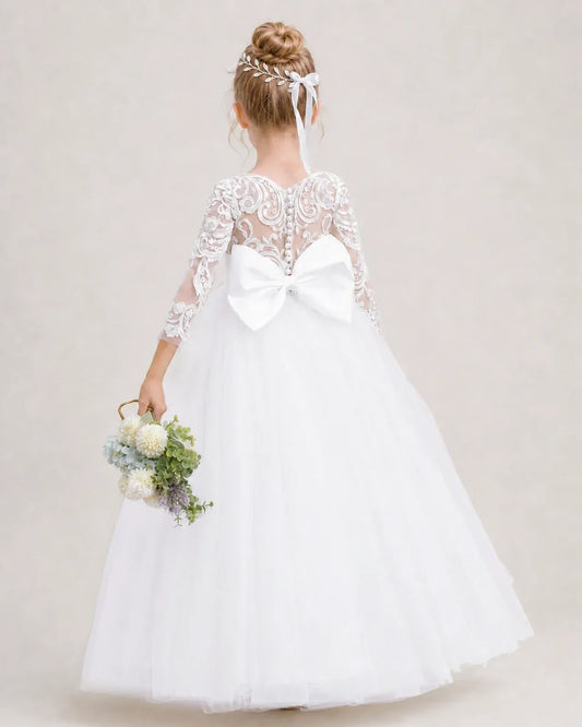 White Tulle A-line Flower Girl Dress Back View