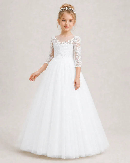 White Tulle A-line Flower Girl Dress Front View