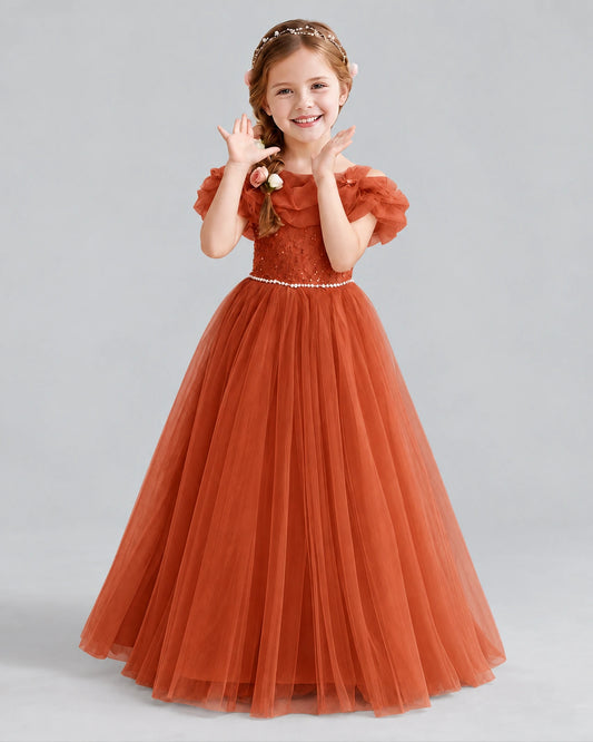 Burnt Orange Ball Gown Flower Girl Dress Front