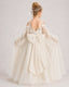 Champagne Flower Girl Dress Off Shoulder Puff Long Sleeve Lace Tulle Ball Gown Back View