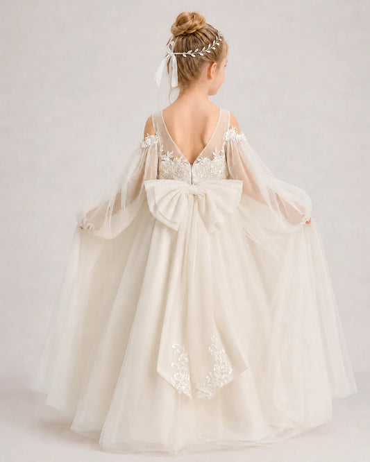 Champagne Tulle A-line Girls Formal Dress Back View