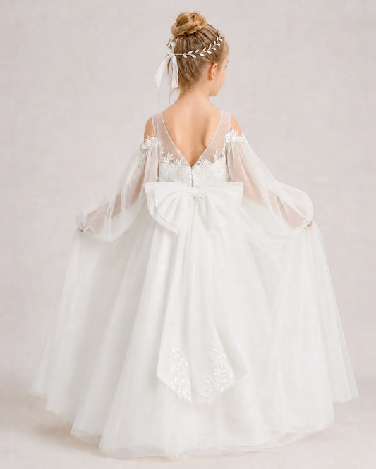 Ivory Tulle Ball Gown Girls Formal Dress Back View