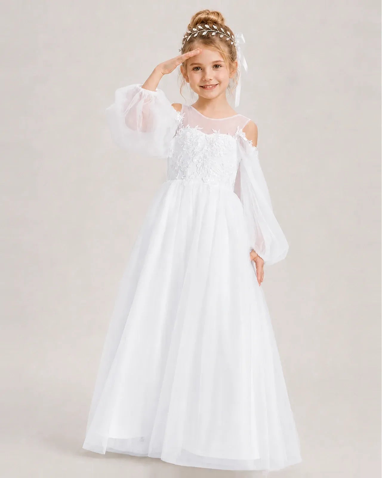 White Tulle A-line Girls Formal Dress Front View