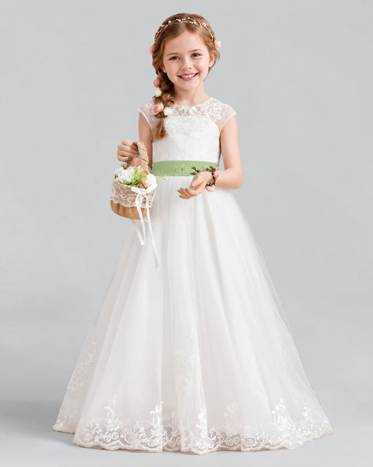 Sage Green Ball Gown Flower Girl Dress Front