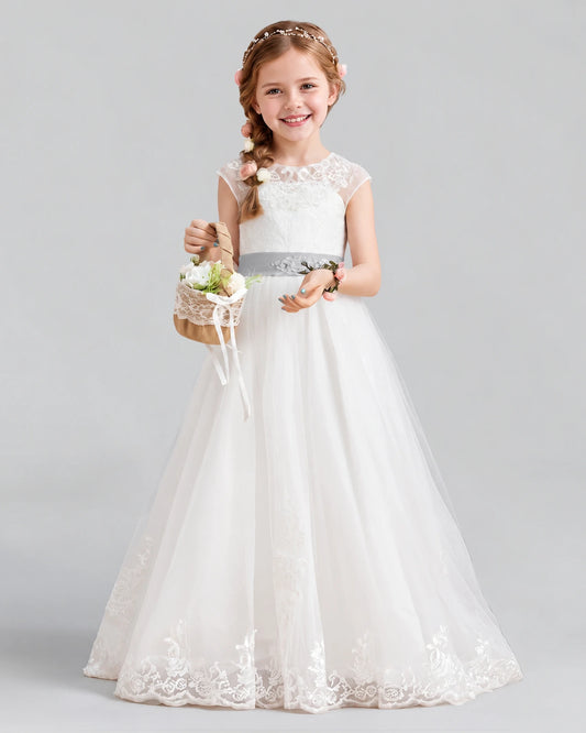 Silver Ball Gown Flower Girl Dress Front