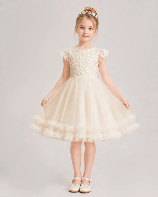 Champagne Lace A-line Flower Girl Dress Front View