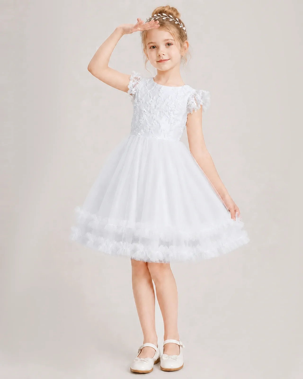 White Tulle A-line Flower Girl Dress Front View