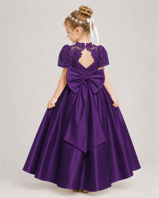 Purple Satin A-line First Communion Dress Back View
