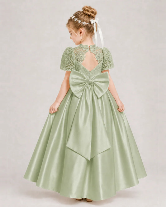 Sage Green Satin A-line First Communion Dress Back View