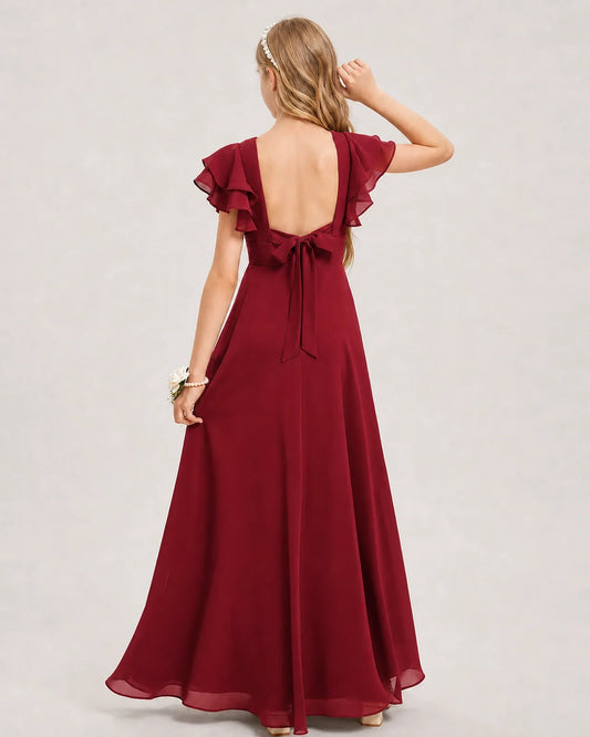 Burgundy Chiffon A-line Junior Bridesmaid Dress Back View