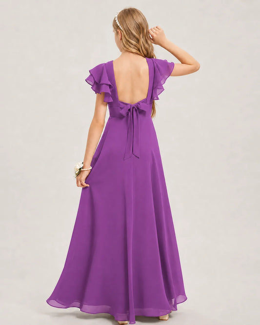 Purple Chiffon A-line Junior Bridesmaid Dress Back View