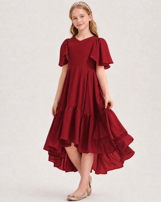 Burgundy Chiffon A-line Junior Bridesmaid Dress Front View