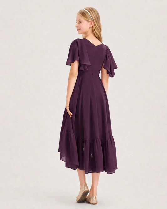 Grape Chiffon A-line Junior Bridesmaid Dress Back View