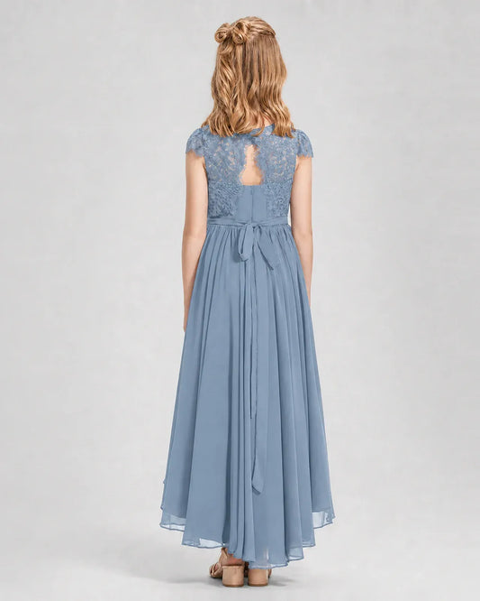 Dusty Blue Chiffon A-line Junior Bridesmaid Dress Back View