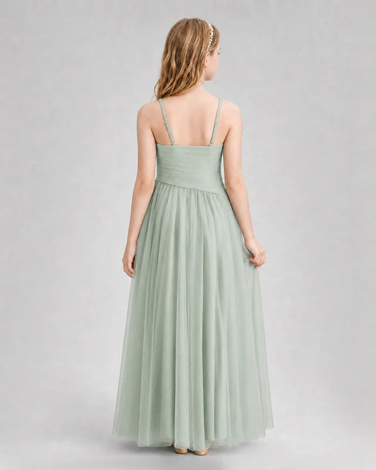 Sage Green Tulle A-line Junior Bridesmaid Dress Back View