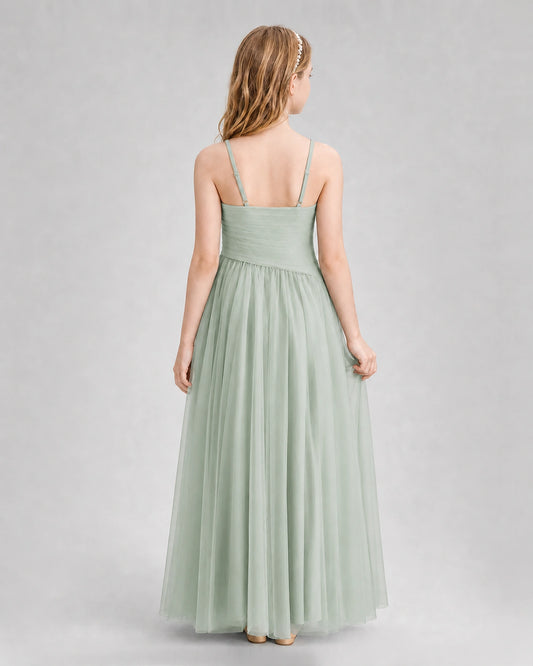 Sage Green Tulle A-line Junior Bridesmaid Dress Back View