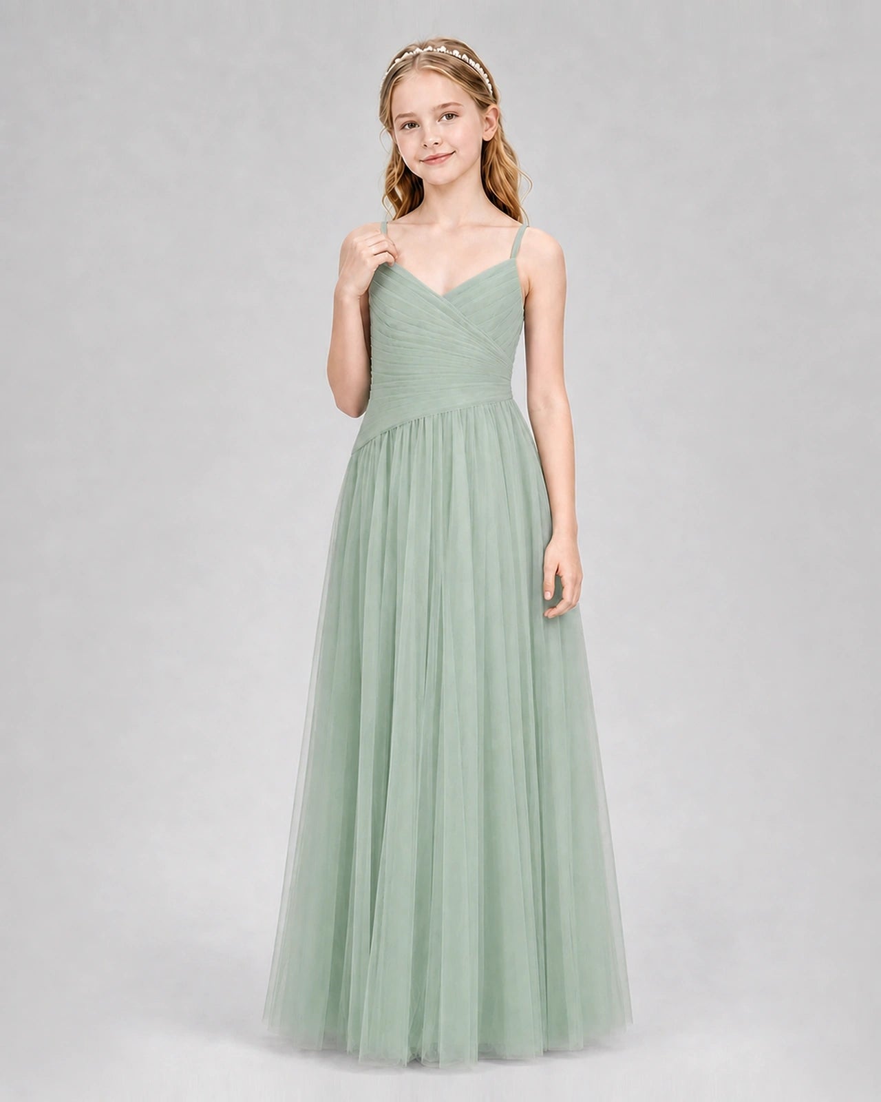 Sage Green Junior Bridesmaid Dress | Ruched V-Neck Spaghetti Strap Tulle Floor-Length Gown