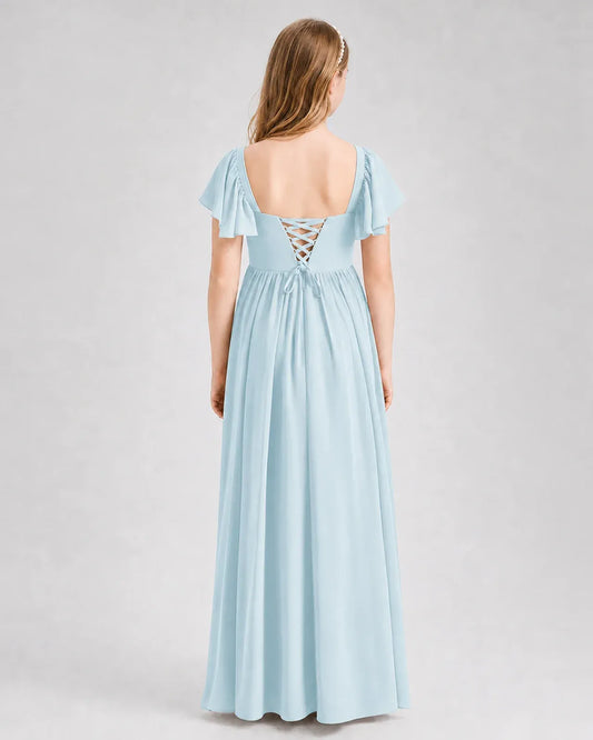 Baby Blue Chiffon A-line Junior Bridesmaid Dress Back View