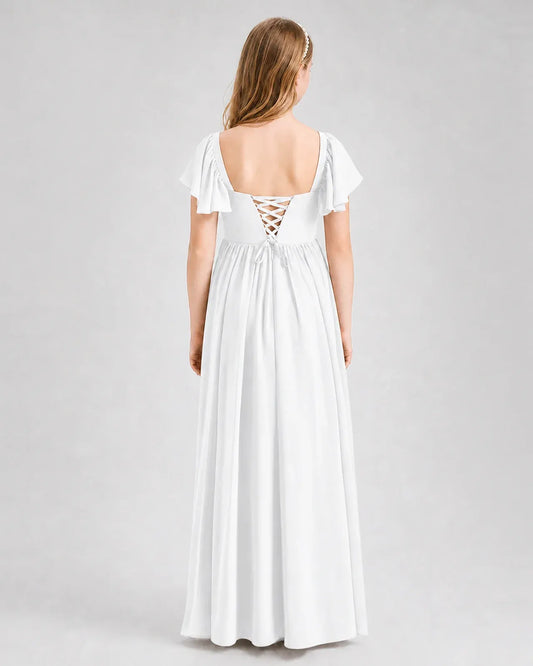 White Chiffon A-line Junior Bridesmaid Dress Back View