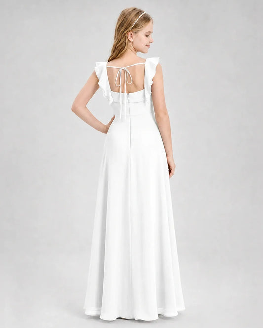 White Chiffon A-line Junior Bridesmaid Dress Back View