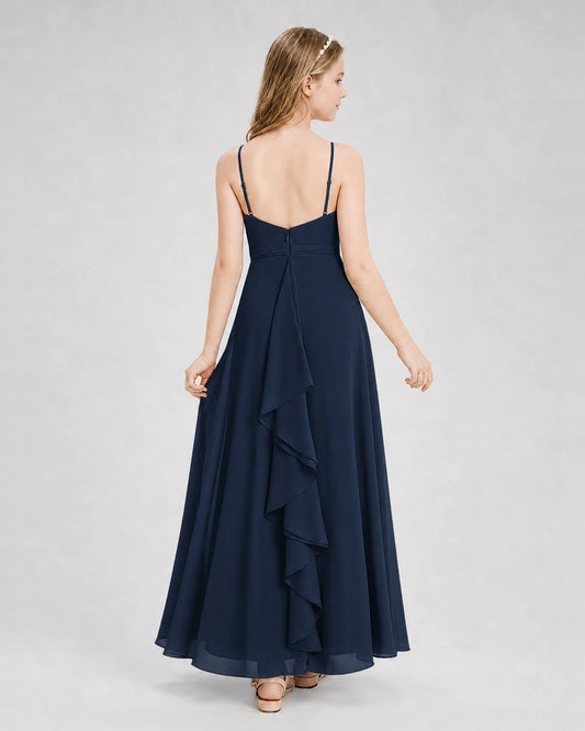 Navy Blue Chiffon Ruffled A-Line Junior Bridesmaid Dresses Back View