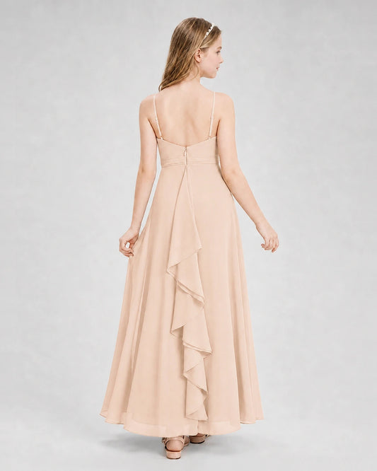 Peach Chiffon Ruffled Back Junior Bridesmaid Dresses Back View