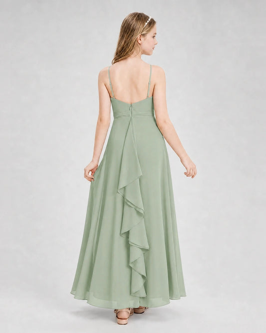 Sage Green Chiffon Ruffled Back Junior Bridesmaid Dresses Back View