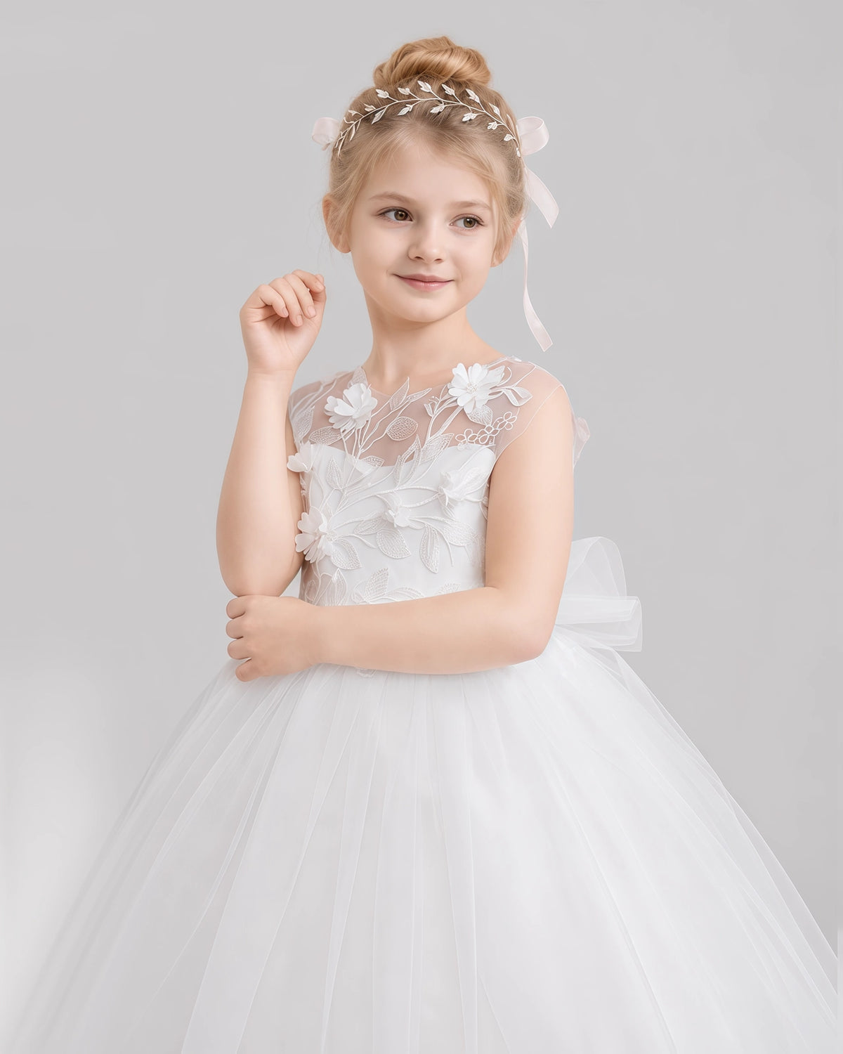 White Tulle Flower Girl Dress Detail View